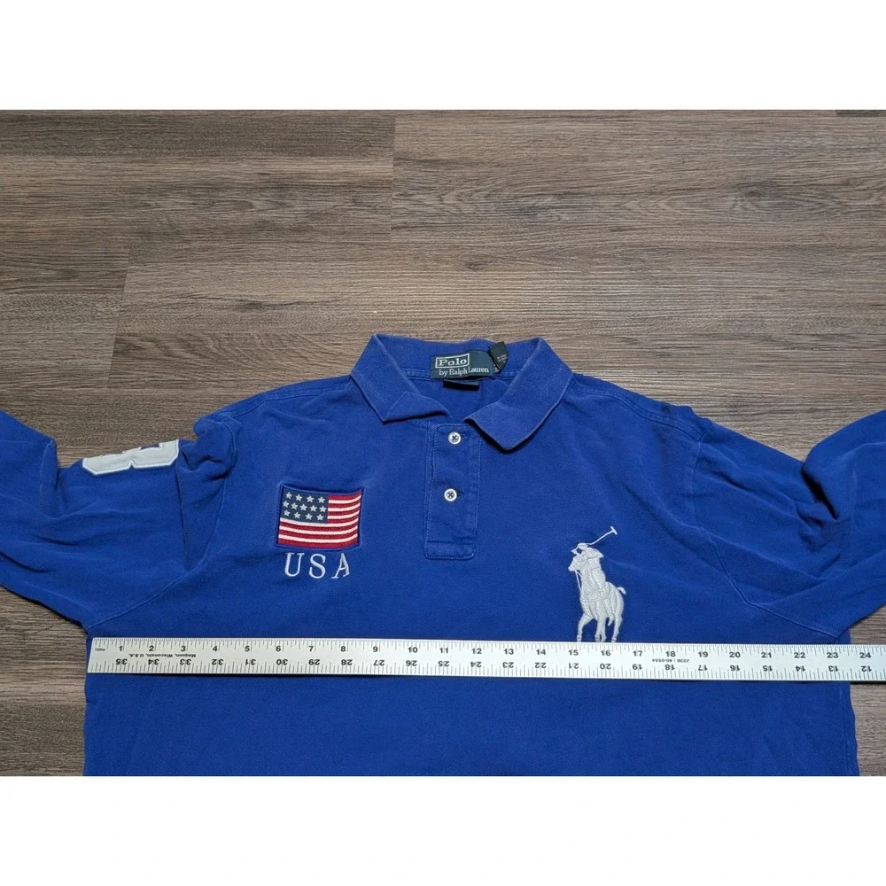 Polo Ralph Lauren Mens XL Custom Fit Long Sleeve Big Pony USA‎ Flag Polo READ